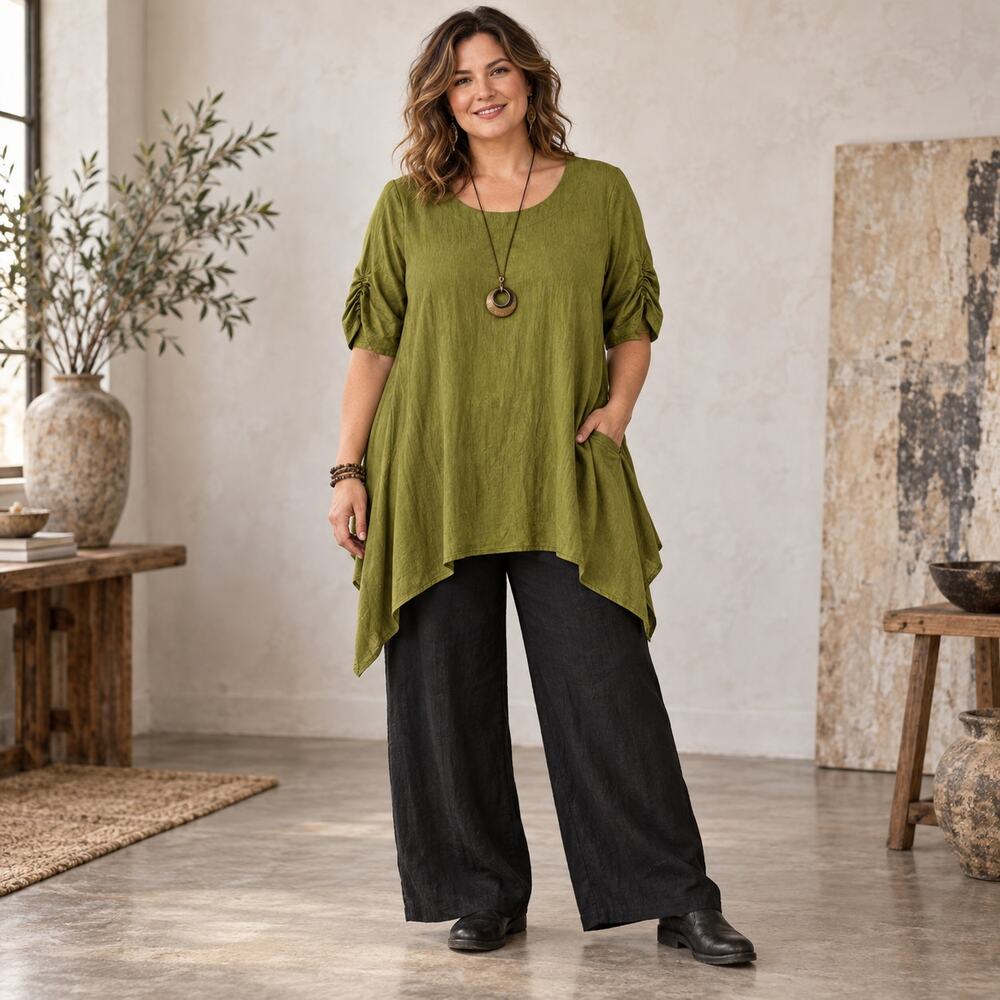 Jones New York Sharkbite Tunic Womens Top Sz L Lagenlook Olive Boho Artsy Earthy